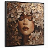 LEINWAND Bilder mit Rahmen - Gesicht - Dame - Blätter - Pinselstriche - 50x50 - Goldfarben, Textil (50/50cm) - MuchoWow