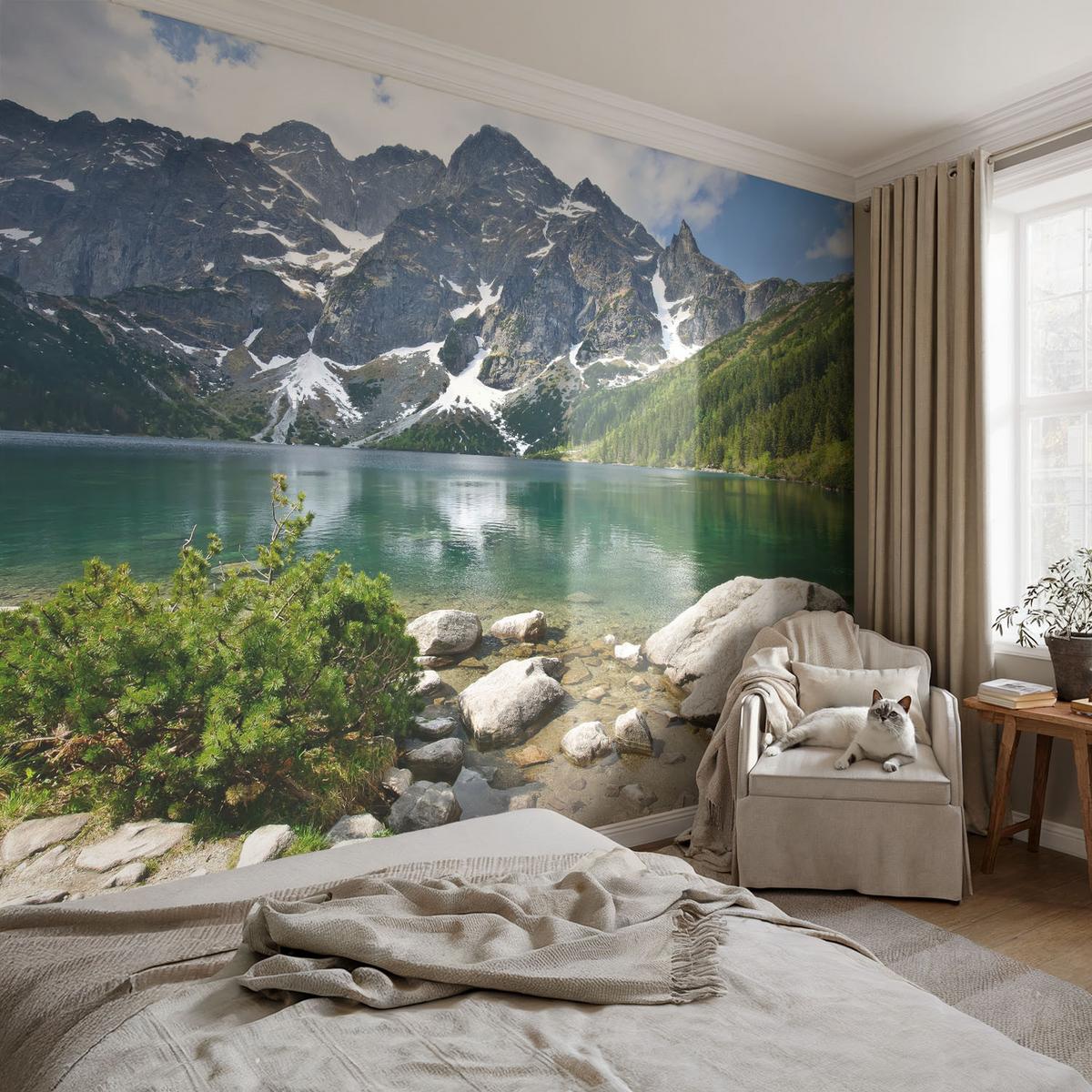 FOTOTAPETE 250x104 cm - Bergsee - Grün, Textil (250/104cm) - Wallfluent