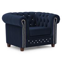 CHESTERFIELD-SESSEL Cleo Blink Marineblau Samt mit Kristallsteppung und braunen Massivholzfüßen - Blau/Beige, Holz/Textil (104/72/86cm) - S-Style Möbel