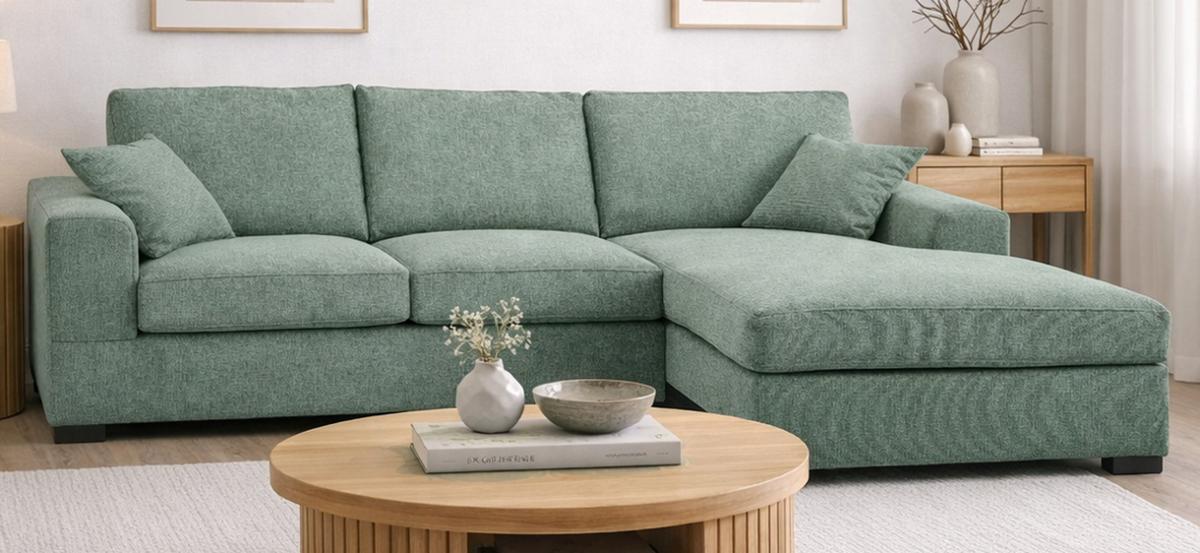 SOFA petrol Strukturstoff 308 cm, Ecksofa 5-Sitzer, L-Sofa Ottomane rechts - Petrol/Schwarz, Holz/Textil (308/186cm) - Inn.Furn