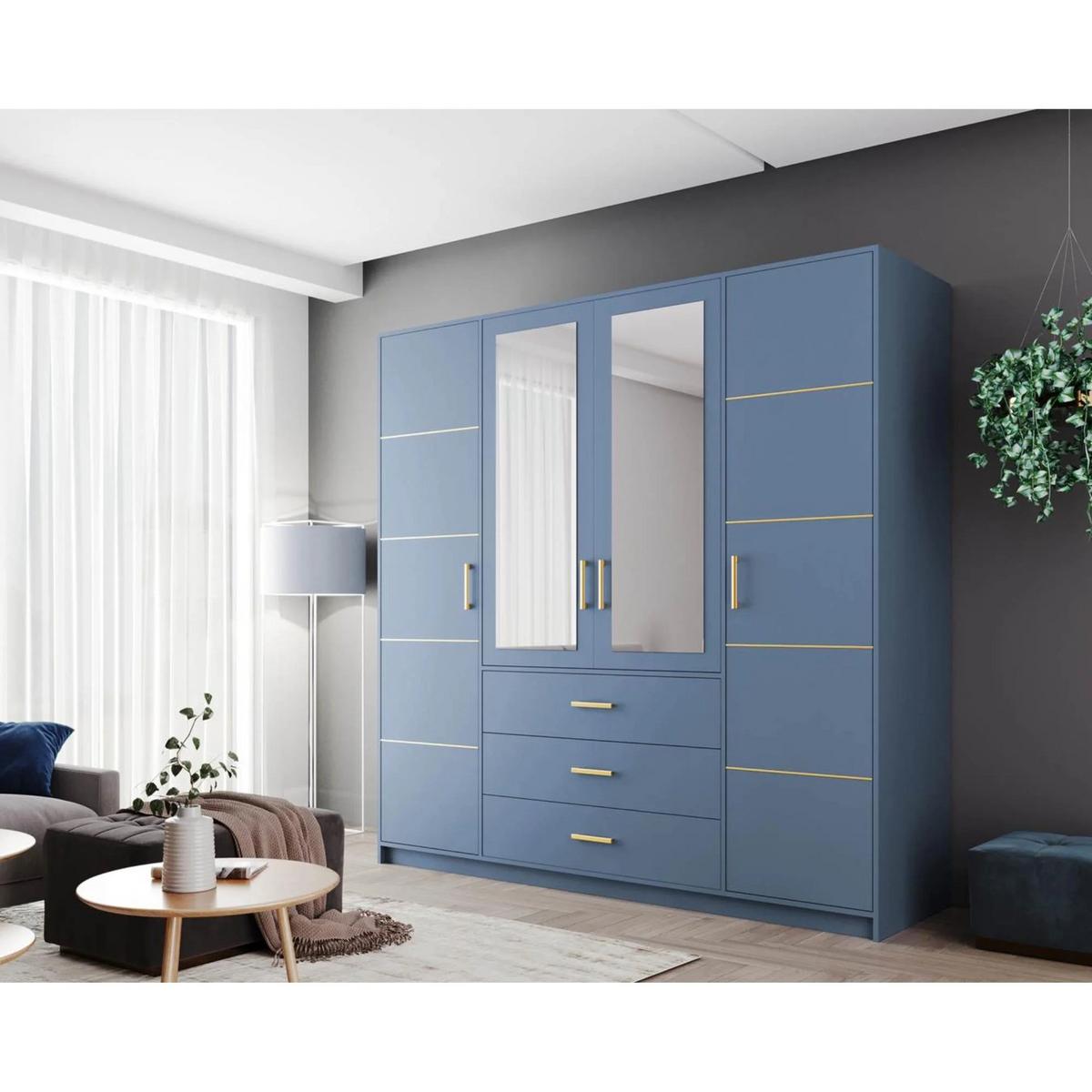 DREHTÜRENSCHRANK Bali 4-Türen, mit 3 Schubladen und Spiegel, Blau - Blau, Holzwerkstoff (196/200/58cm) - Beautysofa