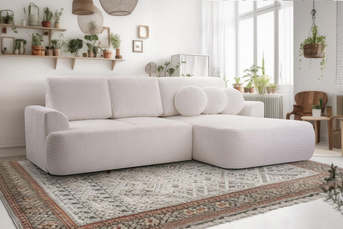 ECKSOFA FILO Weiß Boucle-Stoff mit Schlaffunktion - Weiß, Holz (260/168cm) - MASSENO