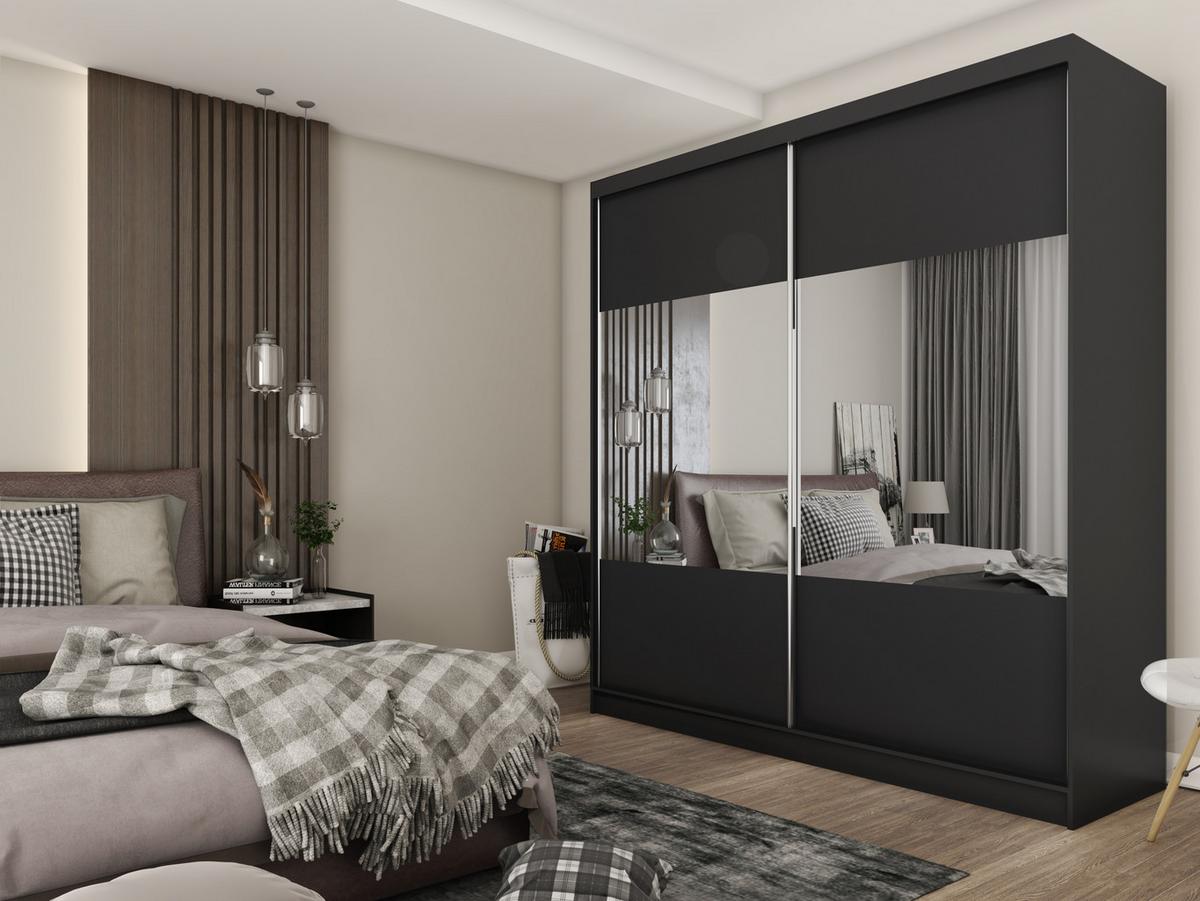 KLEIDERSCHRANK mit Spiegel-Schiebetüren und Aluminium-Leisten, LED-Beleuchtung - CELI - 200 cm Schwarz - Schwarz, Holzwerkstoff (200/216/61cm) - ALTDECOR