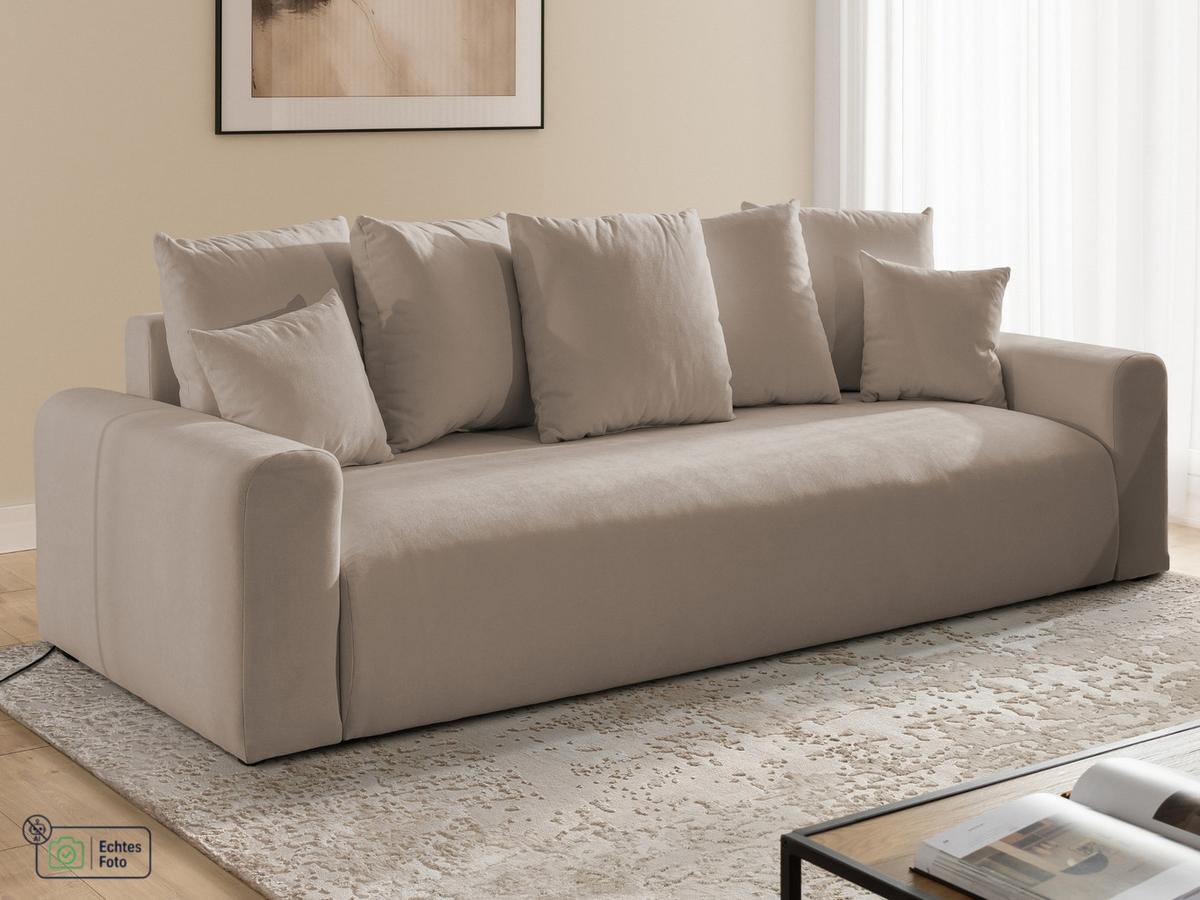 SCHLAFSOFA Calma mit Bettkasten im Bumpy-Design aus weichem Greige Webstoff - Greige/Schwarz, Holz/Kunststoff (239/88/98cm) - S-Style