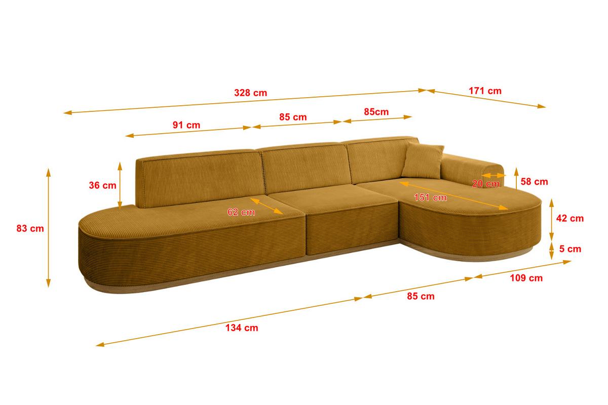 ECKSOFA Ottomane Rechts MARI-L2-v2 - 328x171x83 cm Senfgelb Cord - Gelb, Holzwerkstoff/Textil (171/328cm) - ALTDECOR