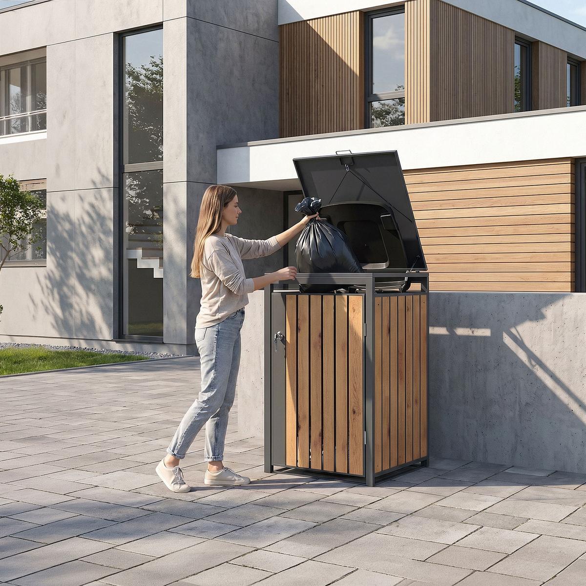 MÜLLTONNENBOX 1er Anthrazit-Holzoptik - Dunkelbraun, Metall (68/120/80cm) - ML-DESIGN