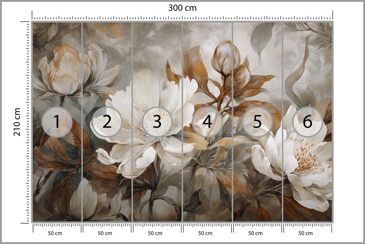 FOTOTAPETE für Wohnzimmer Blätter Abstrakte Blüten Pflanzen Retro 300x210 - Grau, Papier (300/210cm) - Muralo