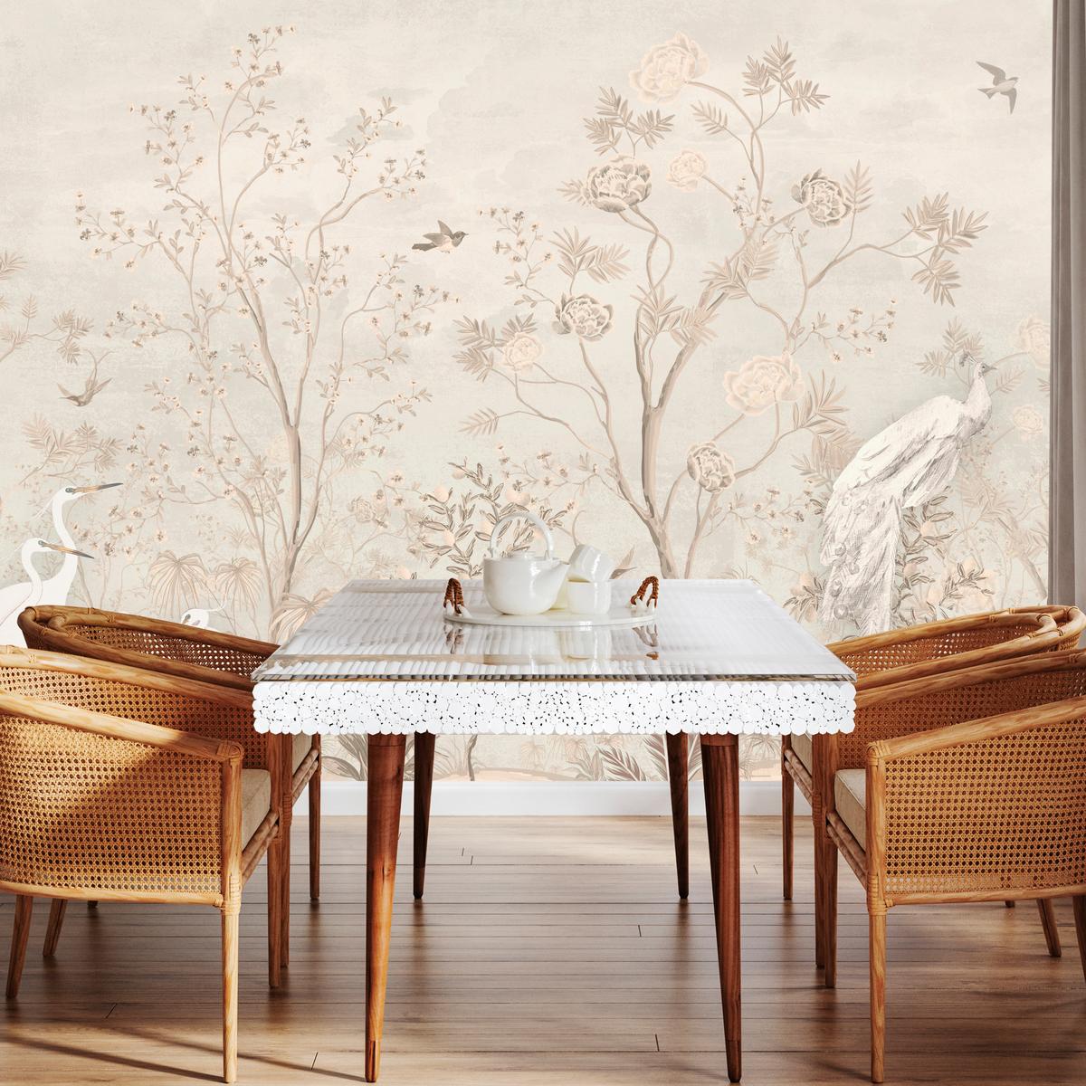FOTOTAPETE für Esszimmer Weiße Vögel Bäumen Natur Kräne Blumen 200x140 - Beige, Papier (200/140cm) - Muralo