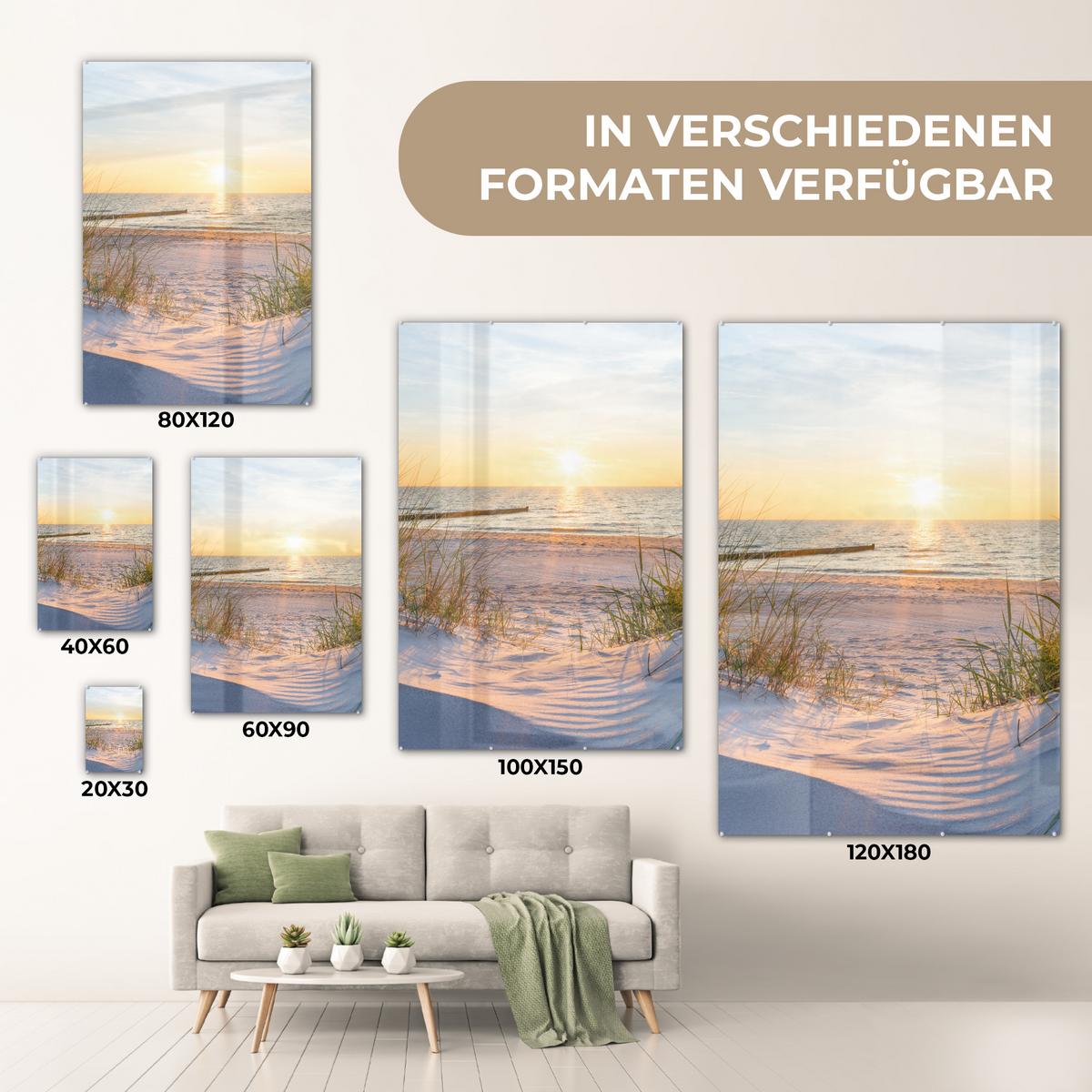 ACRYLGLASBILD Strand - Sonne - Düne - Gras - Sand - Horizont 80x120 cm - Hellblau, Glas (80/120cm) - MuchoWow