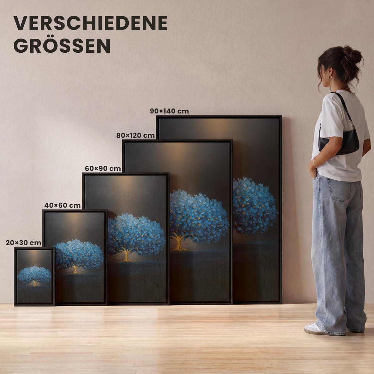 LEINWAND Bilder mit Rahmen - Baum - Blau - Blätter - Pinselstriche - 20x30 - Blau, Textil (20/30cm) - MuchoWow