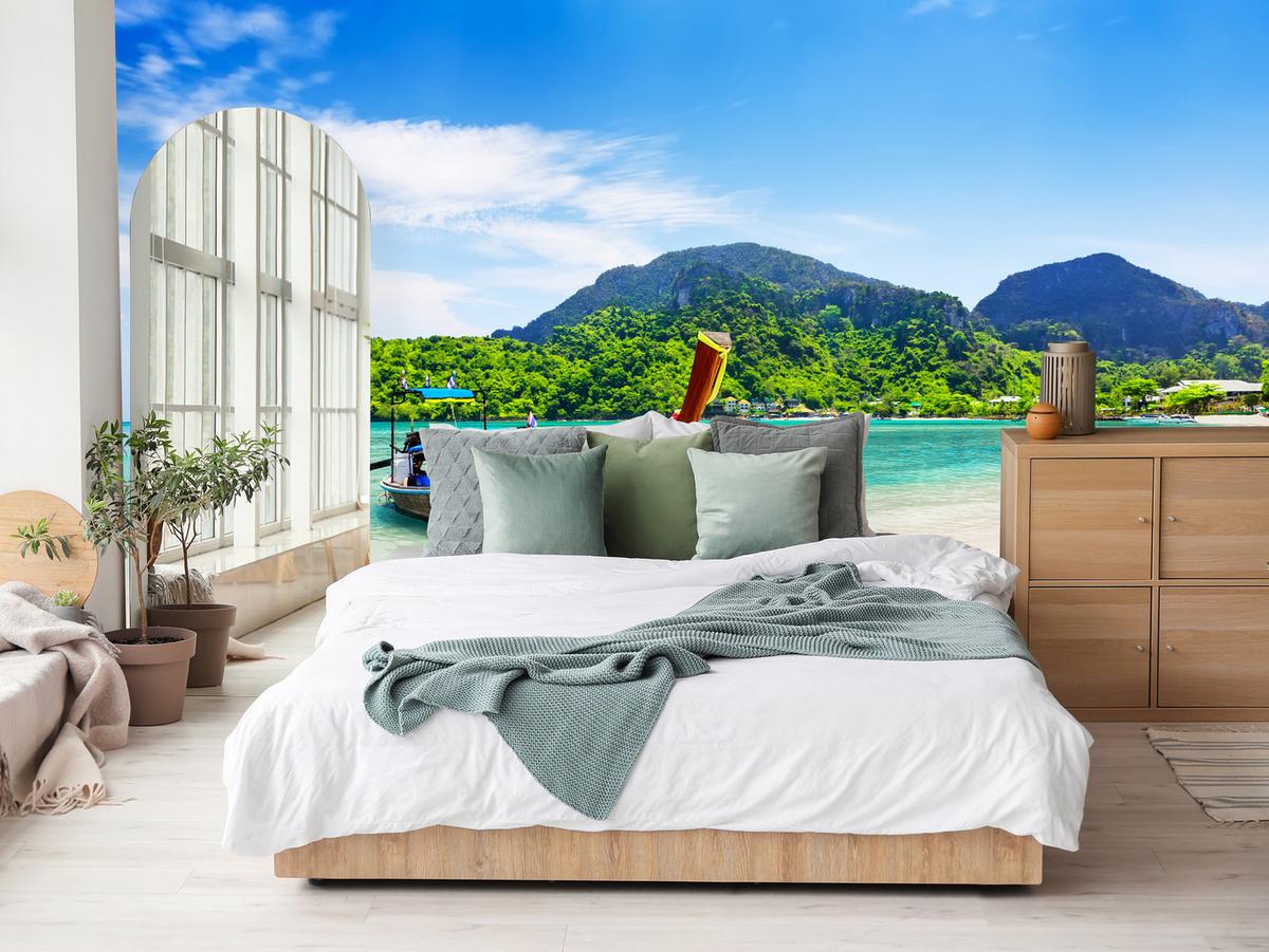 FOTOTAPETE für Schlafzimmer Boot Tropenstrand Palmen Meer 350x256 - Türkis/Blau, Papier (350/256cm) - Muralo