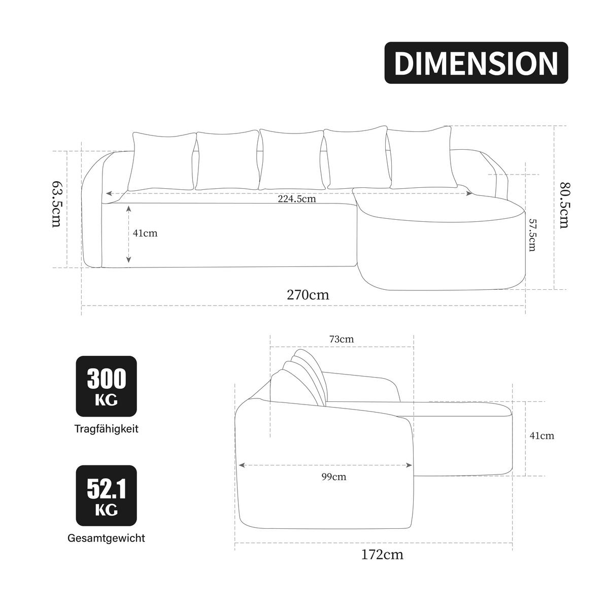 ECKSOFA 270cm L-Form Grau 3-Sitzer ohne Montage - Grau, Textil (270/172cm) - Urban Meuble