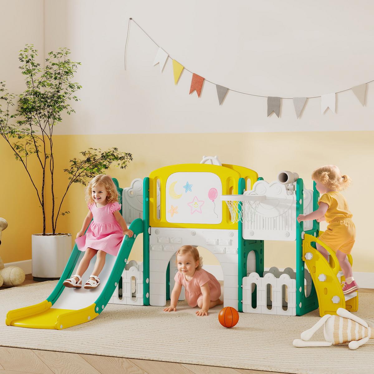 KINDERRUTSCHE 7 in 1 Indoor und Outdoor Babyrutsche mit Basketballkorb, Gelb - Gelb, Kunststoff (150/94/176cm) - AIYAPLAY
