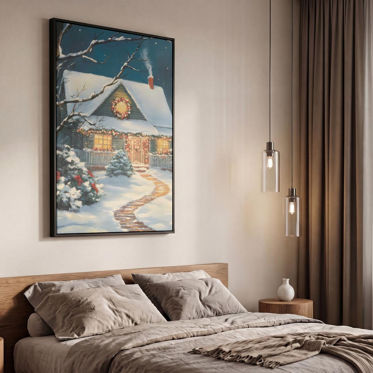 LEINWAND Bilder mit Rahmen - Weihnachten - Weihnachtsbaum - Winter - Zuhause - Schnee - 60x90 - Smaragdgrün, Textil (60/90cm) - MuchoWow