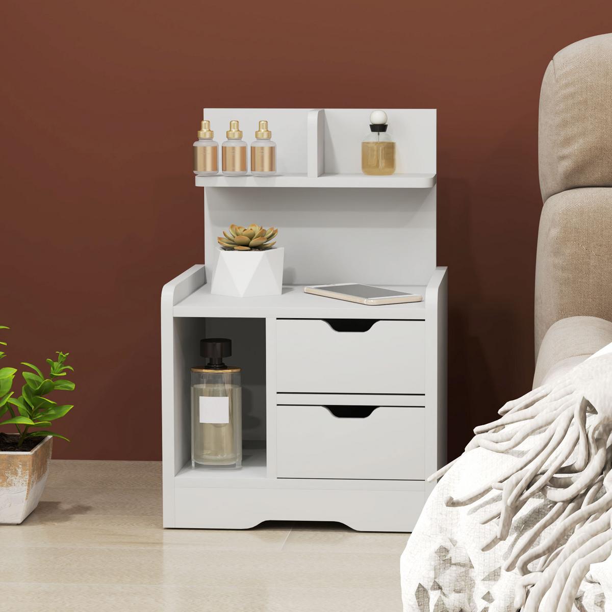 NACHTTISCH mit 2 Schubladen, Beistelltisch, Nachtschrank mit offenen Ablage Weiß - Weiß, Holzwerkstoff (30/60/40cm) - HOMCOM