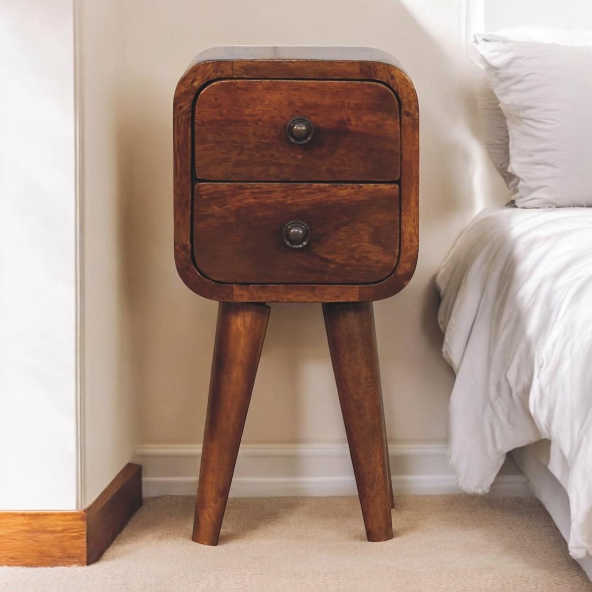 NACHTTISCH Extra Mini abgerundeten Kanten, 2 Schubladen, nordischen Beinen, braun - Messingfarben/Braun, Mangoholz/Holz (20/40/20cm) - Artisan Furniture