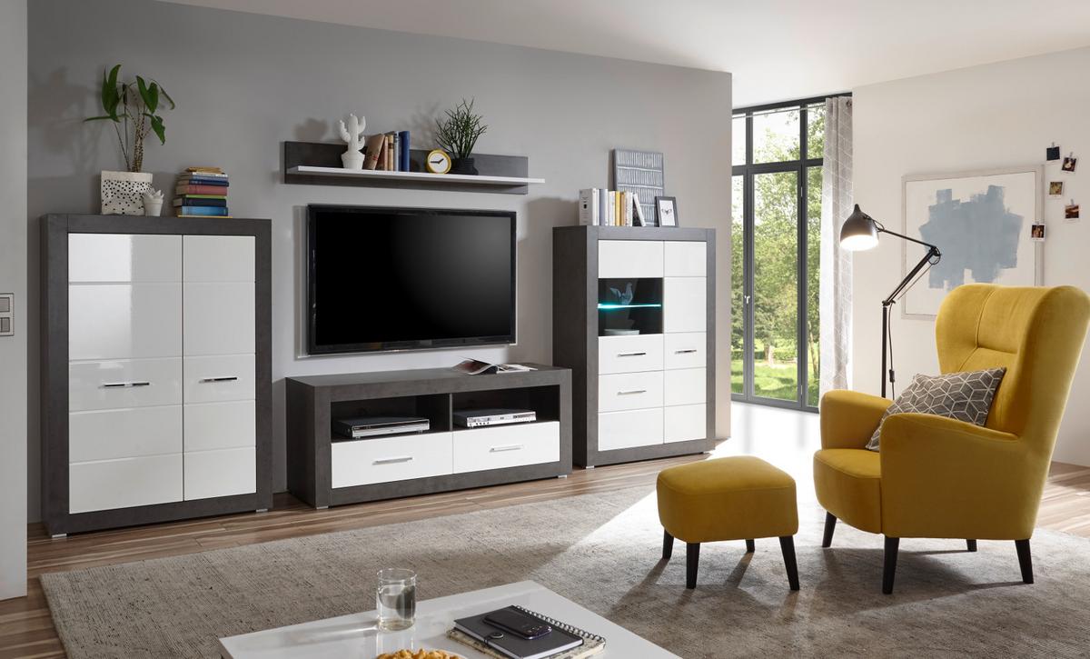 HIGHBOARD weiß Hochglanz, grau Stone 100 cm, Kommode mit 6 Fächern - Chromfarben/Weiß Hochglanz, Holzwerkstoff/Kunststoff (100/142/35cm) - Furn.Design