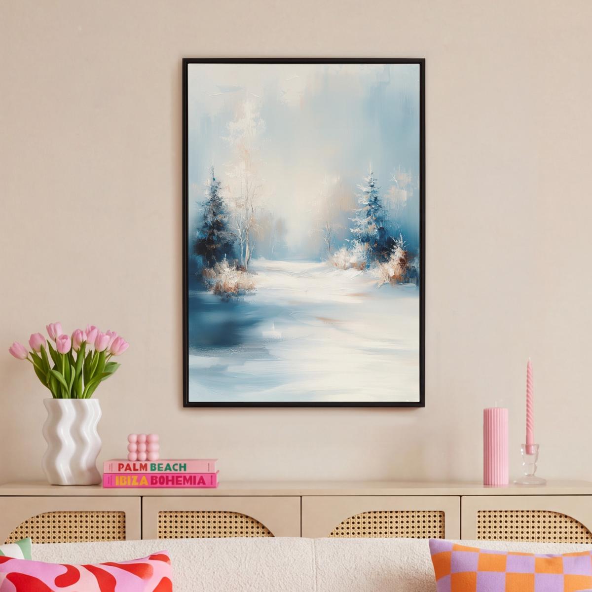 LEINWAND Bilder mit Rahmen - Wald – Winter – Natur – Abstrakt – Schnee - 60x90 - Weiß, Textil (60/90cm) - MuchoWow