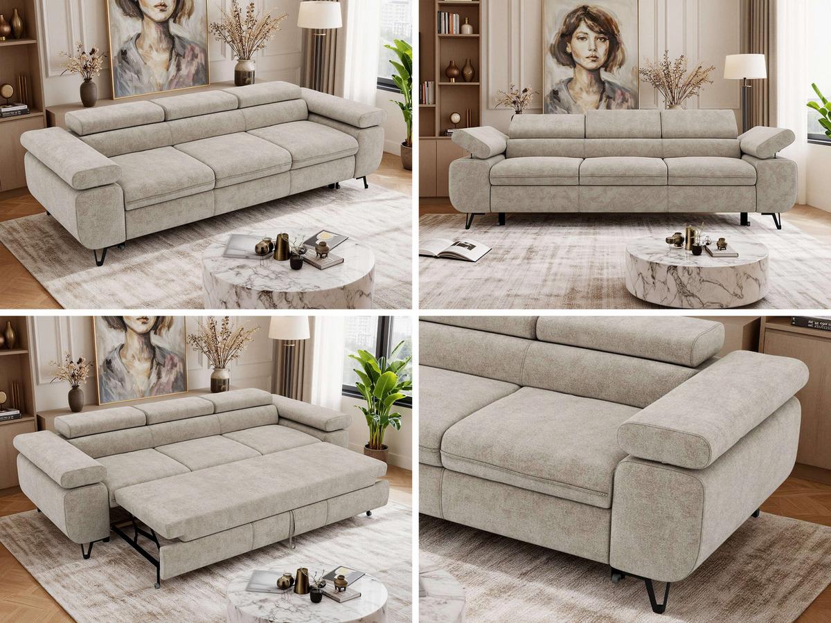 3-SITZER SOFA PETER mit Schlaffunktion - Greige Stukture - Greige/Schwarz, Textil/Metall (262/76/99cm) - MKS