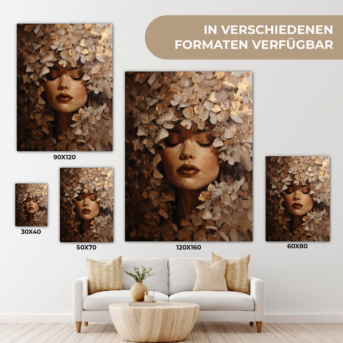 LEINWANDBILD Gesicht - Dame - Blätter - Pinselstriche Room Decor 30x40 cm - Goldfarben, Textil (30/40cm) - MuchoWow