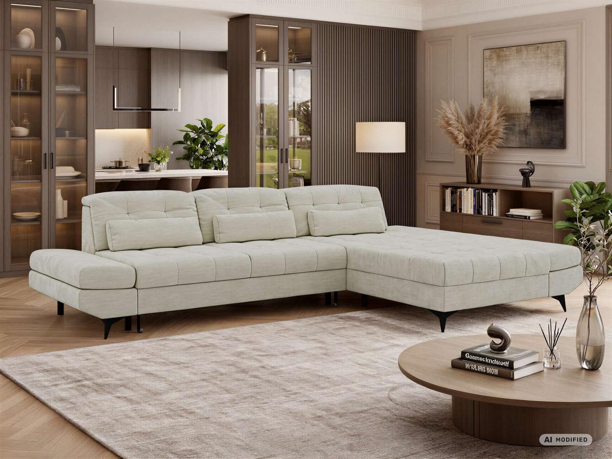 ECKSOFA ALVENO L - Creme Schenille glatt - Rechts Seite - Creme/Schwarz, Textil/Metall (344/218cm) - MKS