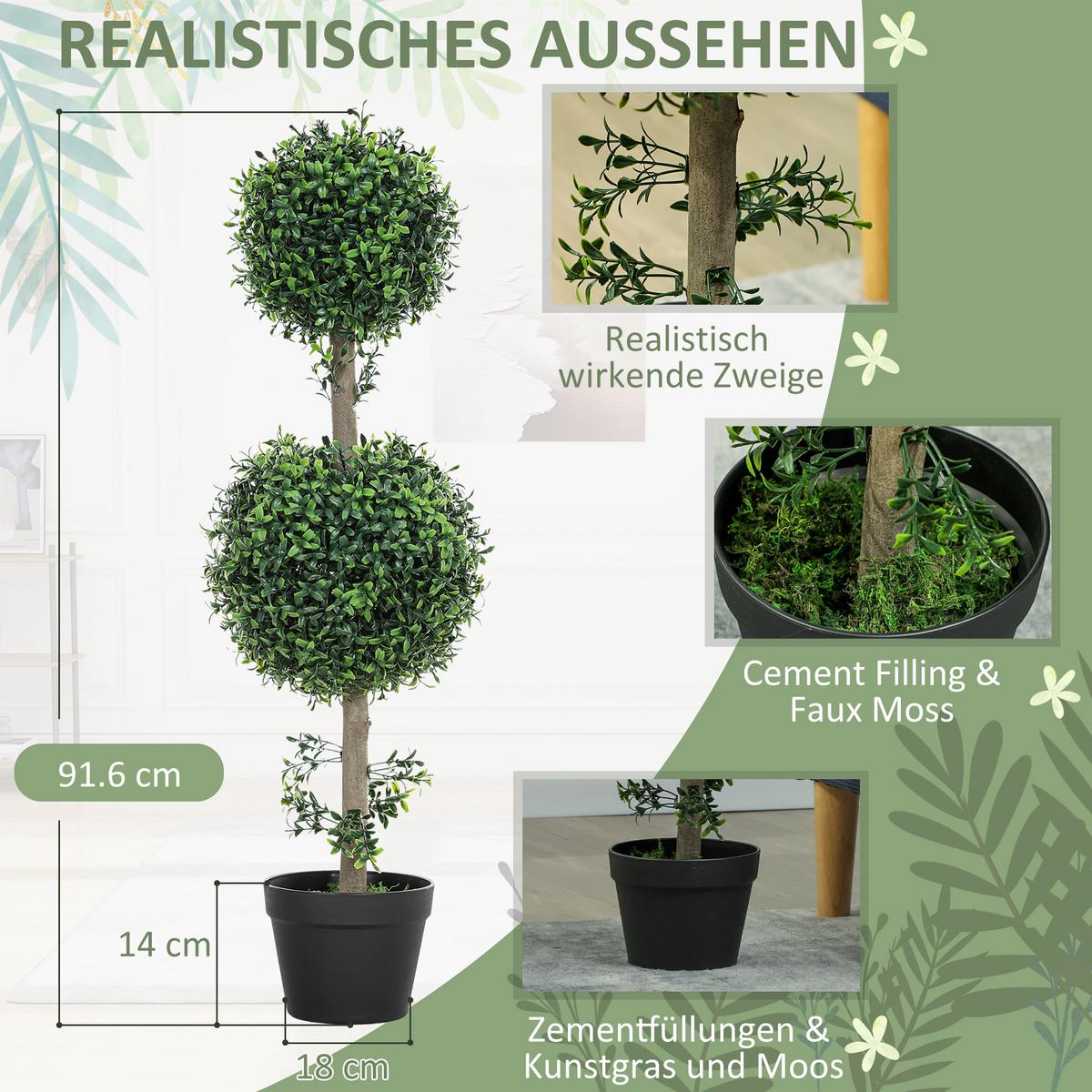 KÜNSTLICHER Buchsbaum 2er-Set groß 91,6 cm künstliche Pflanzen im Topf - Grün, Kunststoff (91.6cm) - HOMCOM