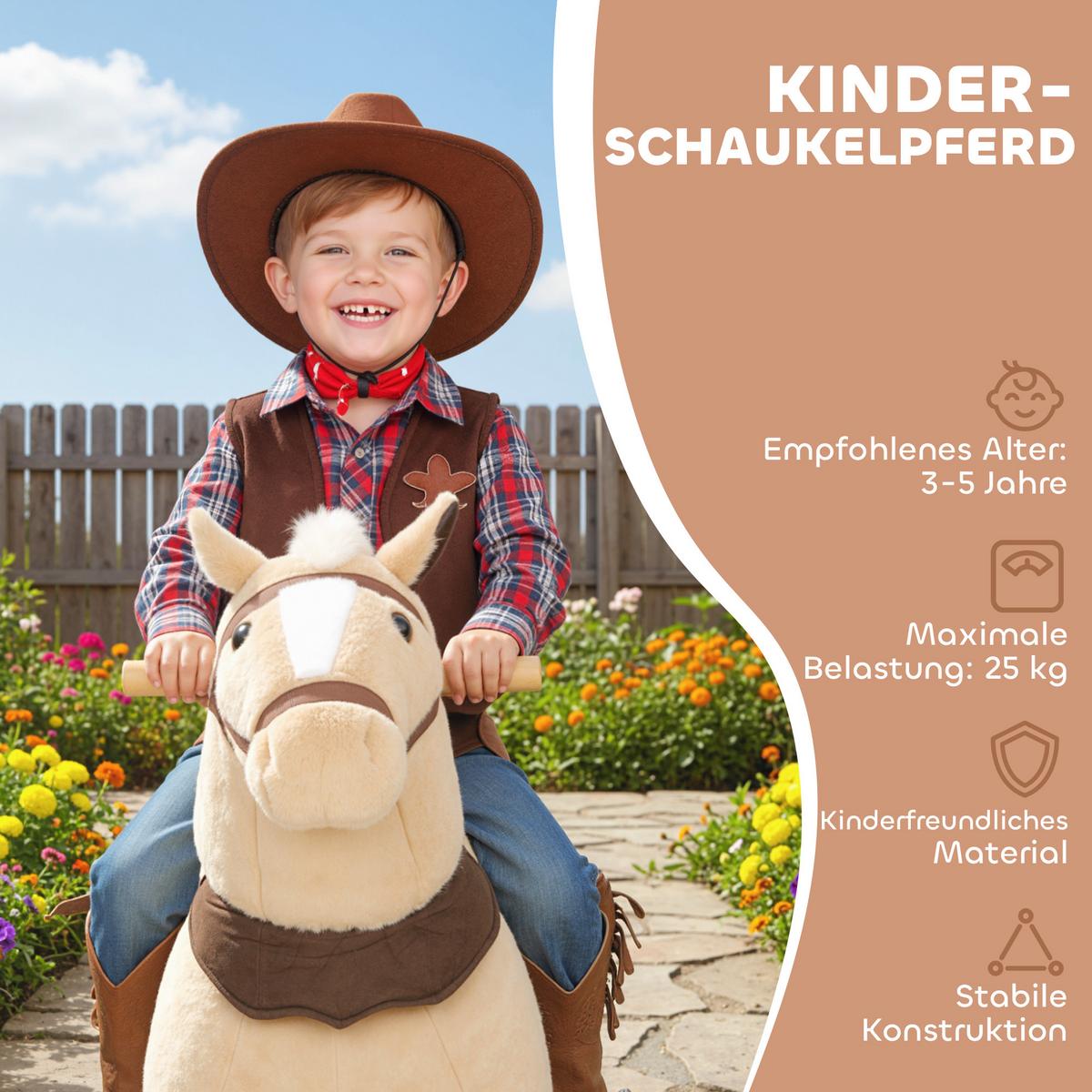 REITPFERD Spielpferd zum Reiten mit Sattel Rollen 80 cm Stehpferd Braun - Braun, Textil (28/80/72cm) - AIYAPLAY