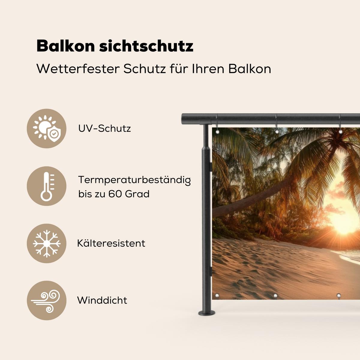 BALKON-SICHTSCHUTZ Strand - Palmen - Meer - Sonnenuntergang Balkon Deko 300x110 cm - Samtahornfarben, Kunststoff (300/110cm) - MuchoWow