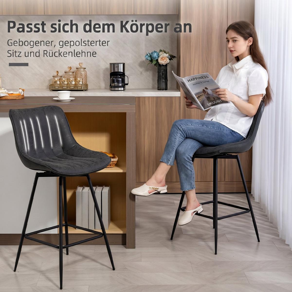 BARSTUHL 2er Set PU Schwarz - Schwarz, Kunststoff/Metall (47/97.5/54.5cm) - HOMCOM