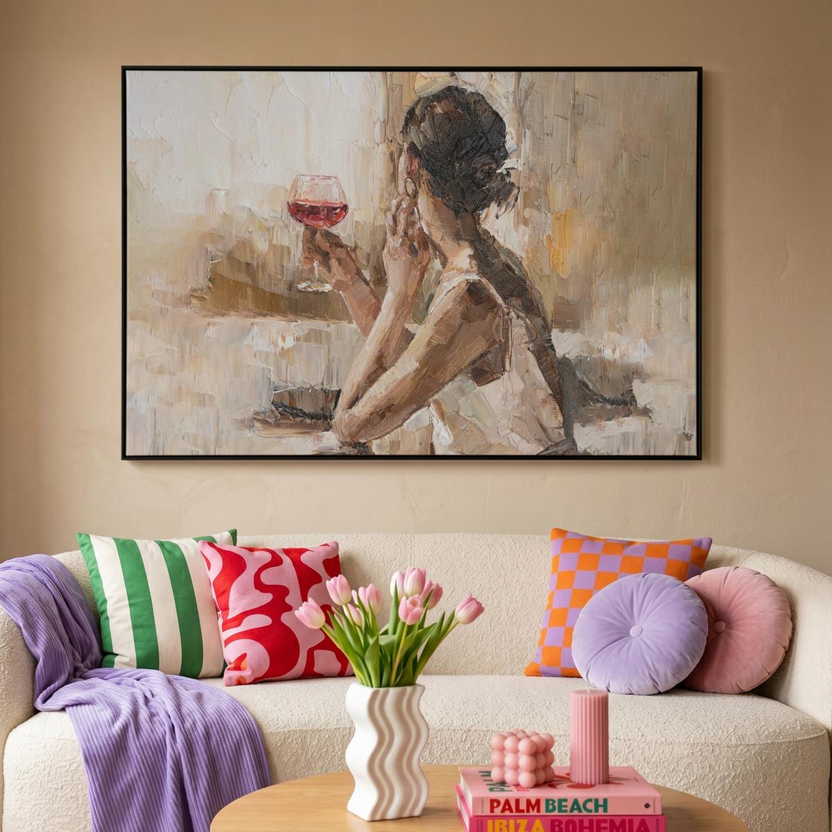 LEINWAND Bilder mit Rahmen - Ölgemälde - Frau - Wein - 140x90 - Hellbraun, Textil (140/90cm) - MuchoWow