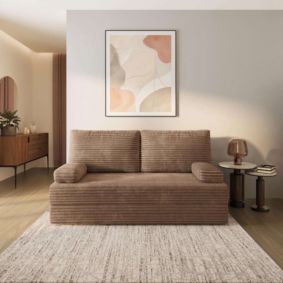 BETTSOFA SILAR aus Schaumstoff Kordstoff Beige Schlaffunktion - Beige, Textil (170/86/80cm) - MASSENO