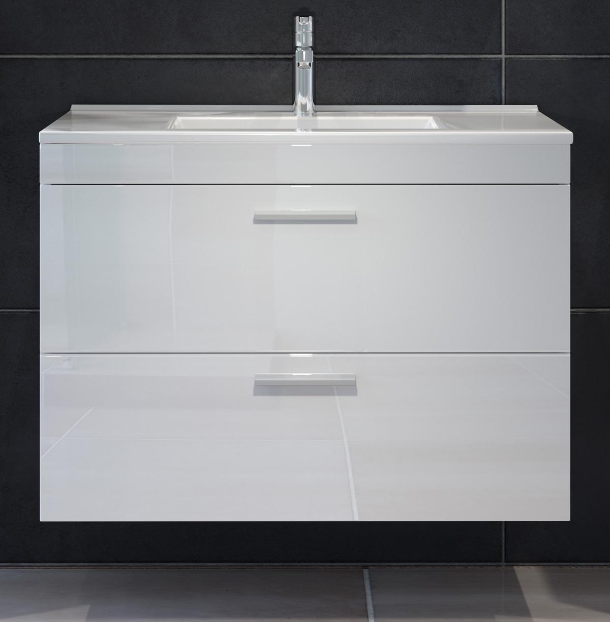WASCHBECKENUNTERSCHRANK mit Waschbecken weiß Hochglanz, Waschtisch hängend 81 x 59 cm - Weiß Hochglanz/Silberfarben, Holzwerkstoff/Kunststoff (81/59/47cm) - Top.Furn