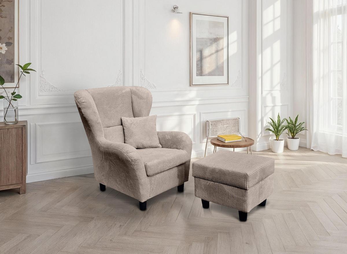 OHRENSESSEL mit HOCKER, hoher Sitzkomfort durch Wellenunterfederung B90/H98/T76 cm, Cord Taupe / 18020 - Schwarz/Braun, Holz/Textil (90/98/76cm) - luma-home