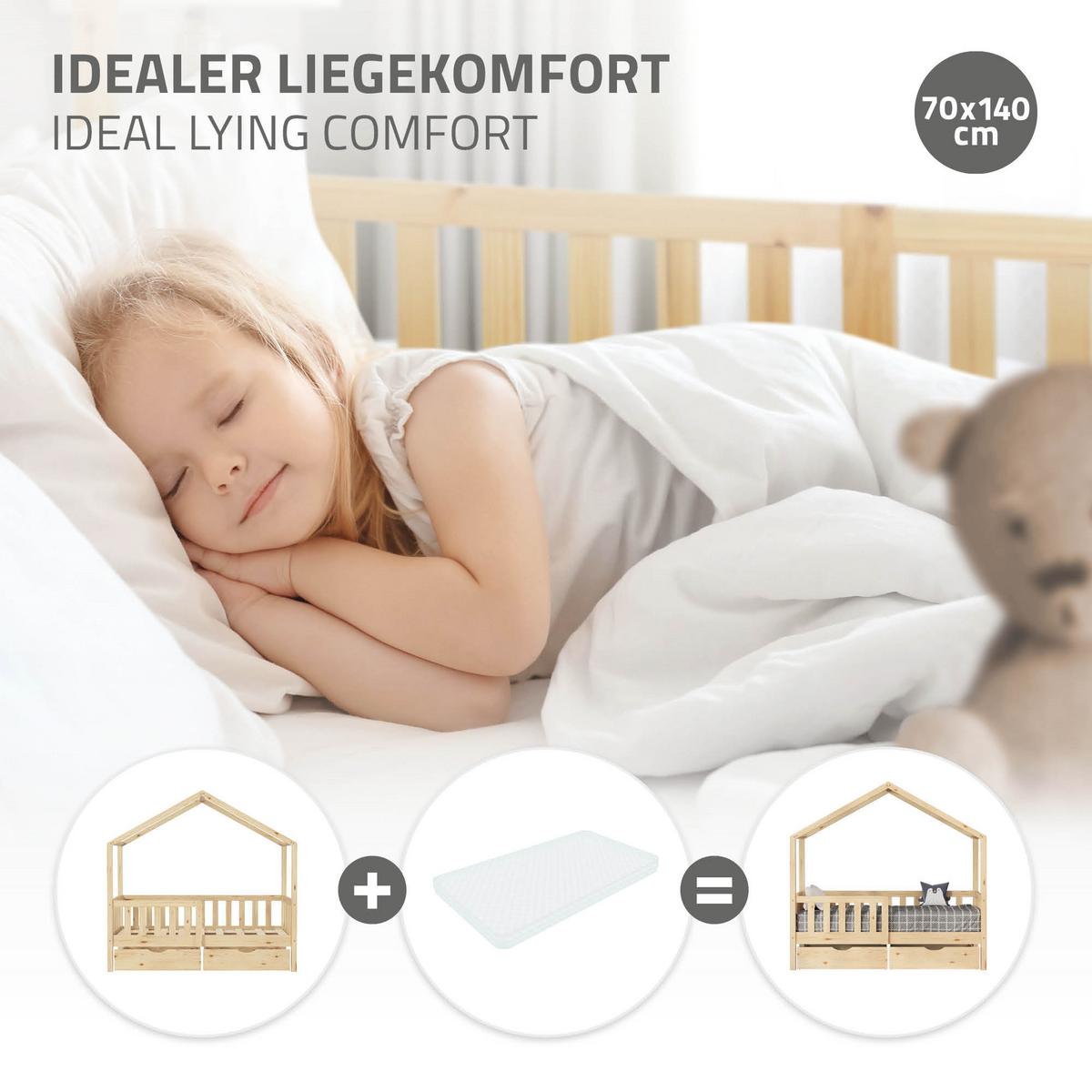HAUSBETT 70x140 cm Natur aus Kiefernholz mit 2 Schubladen und Rausfallschutz - Beige, Holz (70/140cm) - ML-DESIGN
