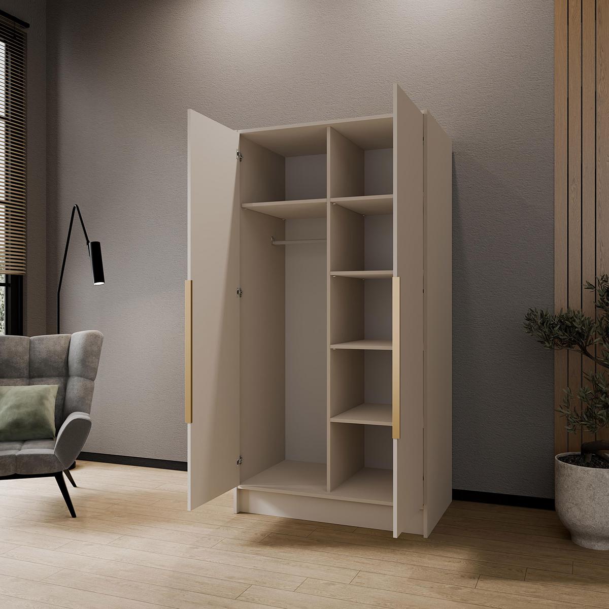 DREHTÜRENSCHRANK Laro mit Spiegel, Kaschmir mit goldenen Griffen, 100 cm - Kaschmir, Holzwerkstoff (100/200/51cm) - Beautysofa