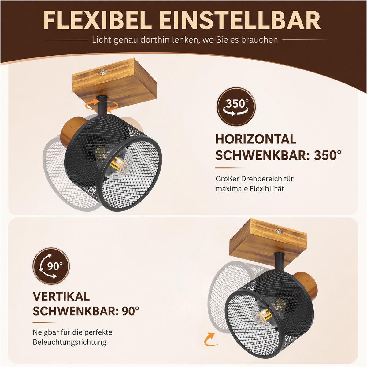 DECKENSTRAHLER Givoril 9/10/17.5 cm - Schwarz, Holz/Metall (9/10/17.5cm) - ZMH