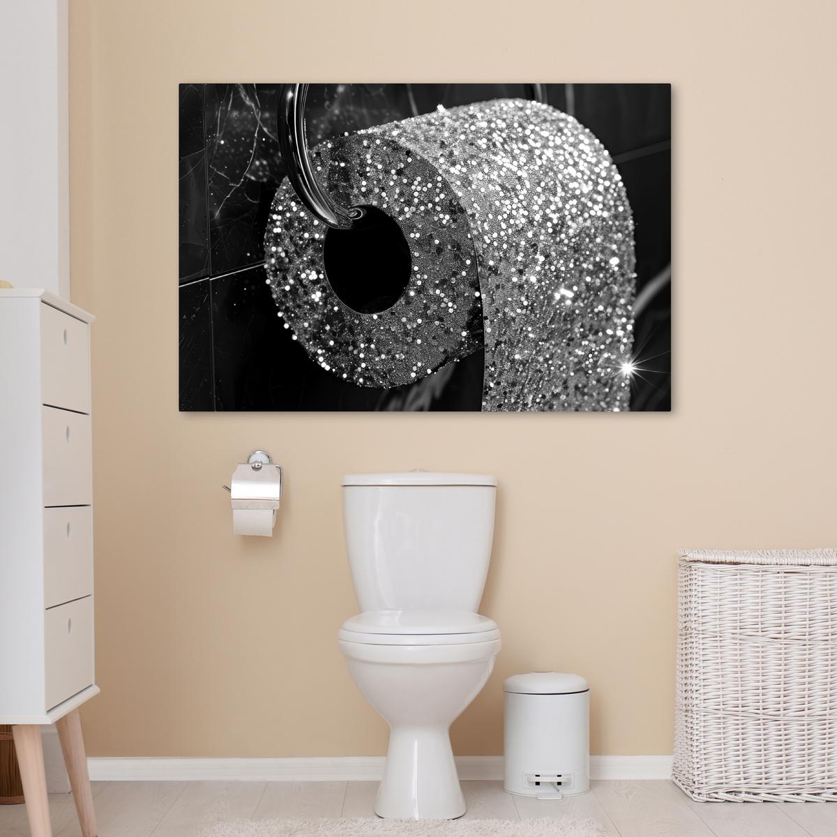 LEINWANDBILD WC - Toilettenpapier - Schwarz und weiß - Glitter Wohnzimmer Groß 120x80 cm - Silberfarben, Textil (120/80cm) - MuchoWow