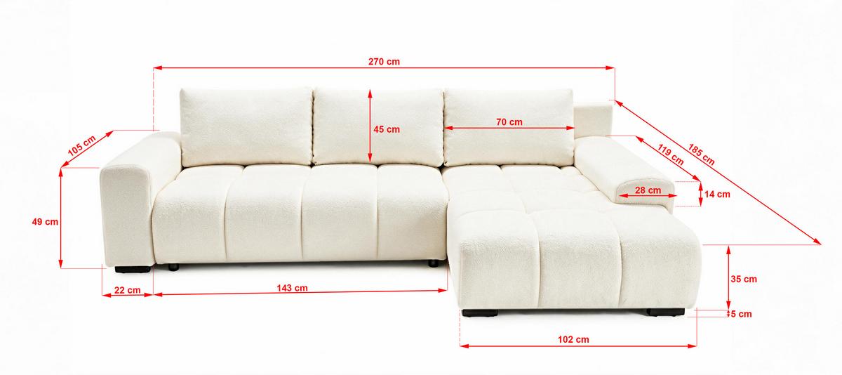 ECKSOFA Ovia mit Bettkasten und Schlaffunktion, Bouclé-Stoff in L-Form - Beige, Textil (270/185cm)