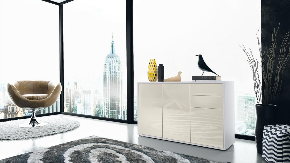 KOMMODE Ben Front in Creme Hochglanz - Creme, Holzwerkstoff (117/74/36cm) - Vladon