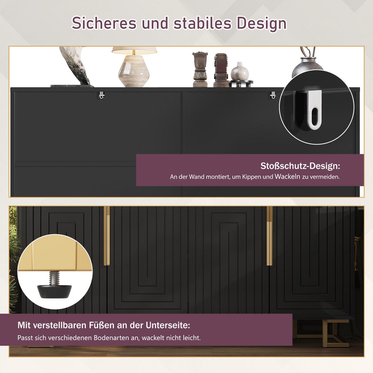 SIDEBOARD SCHWARZ & GOLD 152 CM MIT GEOMETRISCHEM RELIEF & 4 FÄCHERN - Schwarz, Holzwerkstoff (152/75/40cm) - Urban Meuble