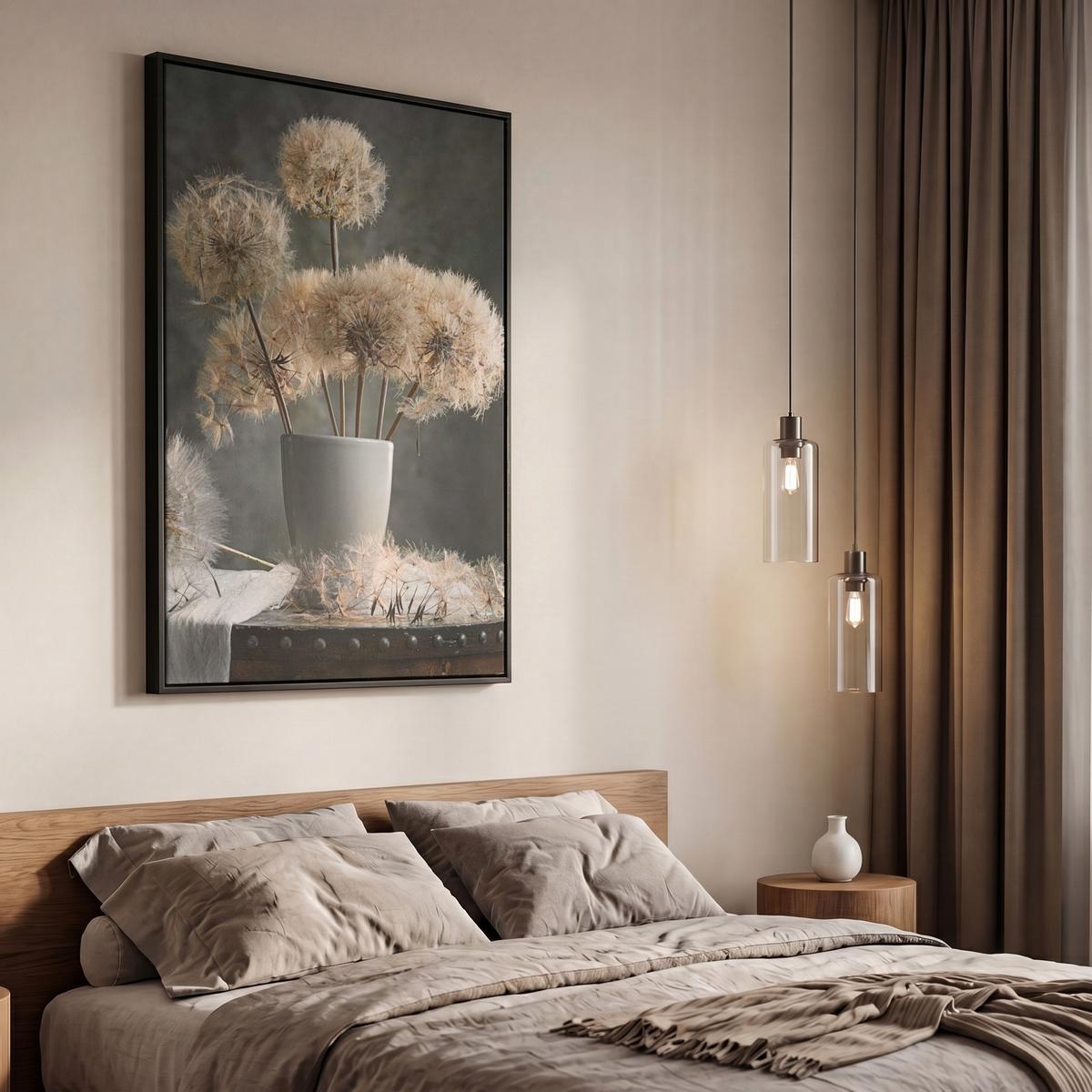 LEINWAND Bilder mit Rahmen - Blumensamen - Löwenzahn - Vase - Stilleben - Blumenstrauß - 60x90 - Dunkelgrau, Textil (60/90cm) - MuchoWow