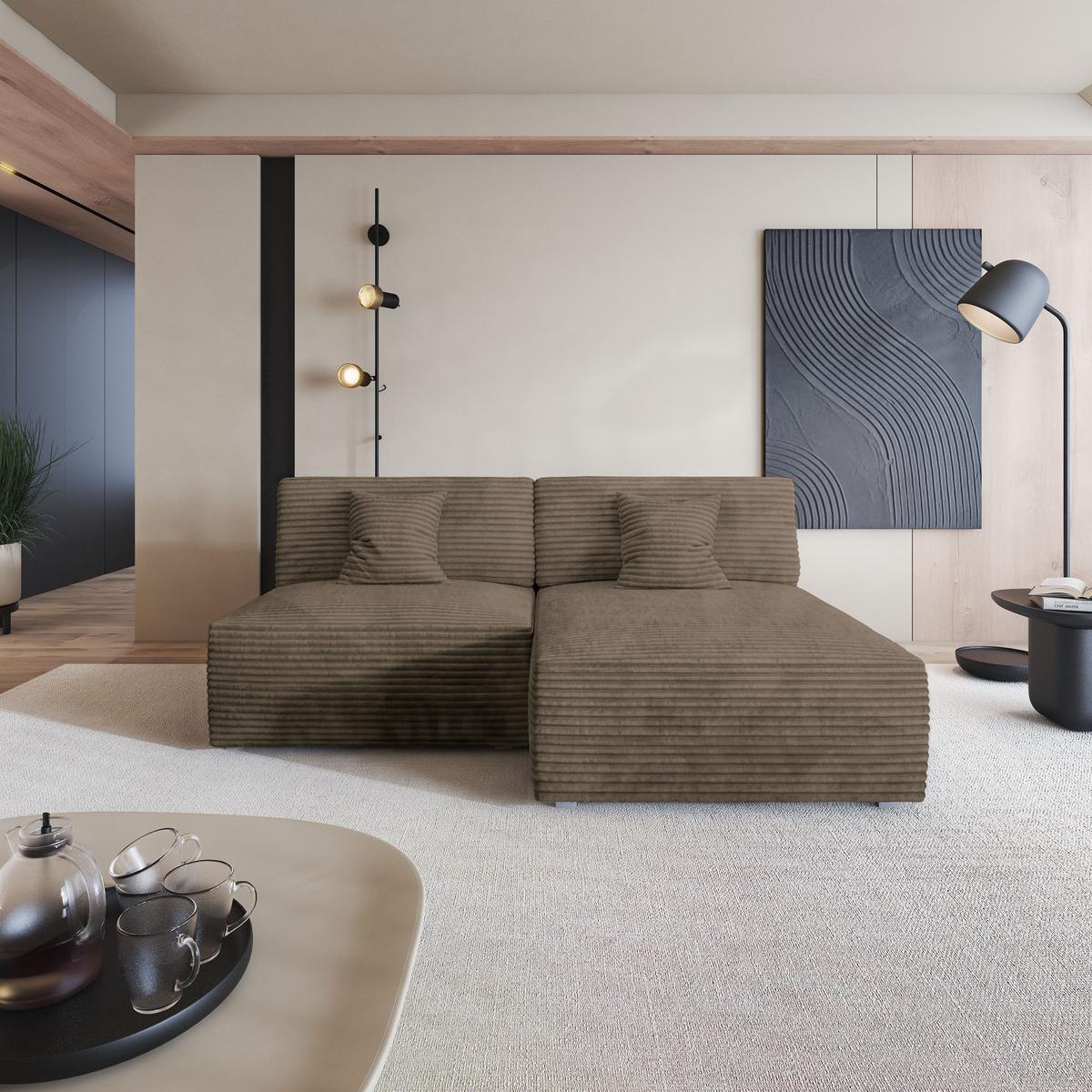 ECKSOFA FIORO Beige Kordstoff mit Schlaffunktion - Beige, Holz (204/148cm) - MASSENO
