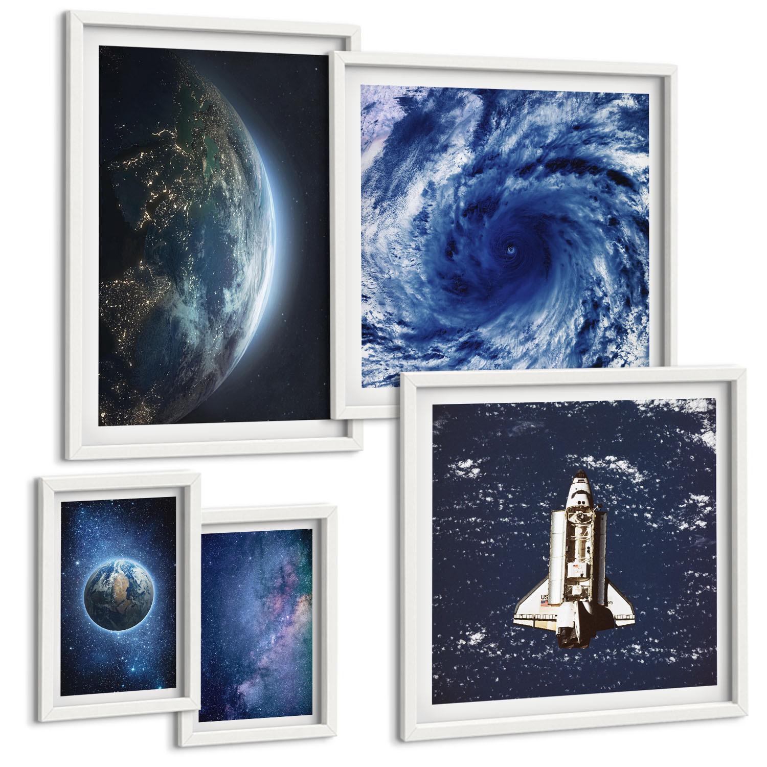 BILDER SET 5er Set - 50x50 cm & 20x30 cm & 40x60 cm Weißer Rahmen - Erde Weltraumsturm Galaxie - Weiß, Kunststoff (40/60cm) - TULUP