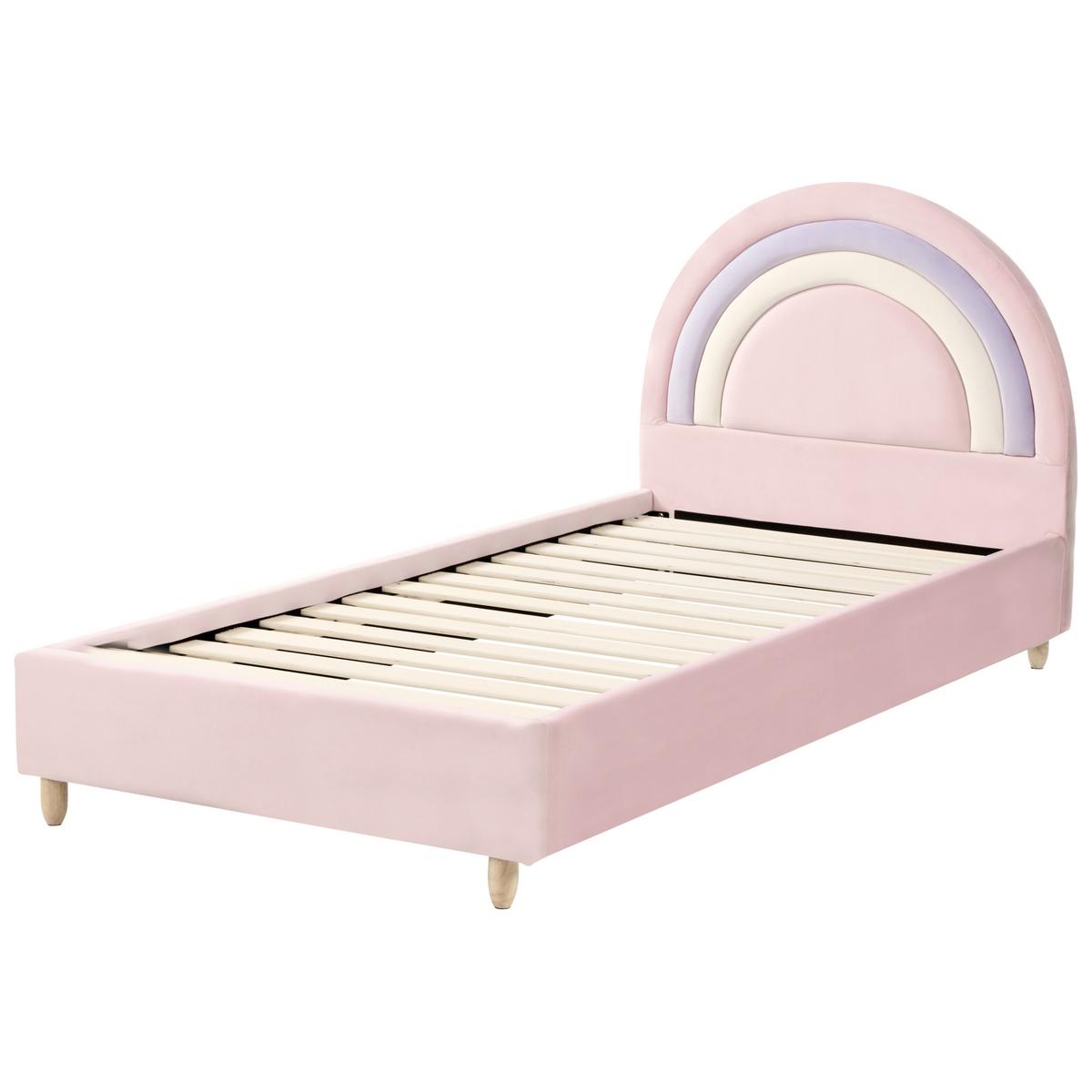 KINDERBETT Regenbogen Samtstoff 90/200 cm Rosa Landeillau - Hellbraun, Textil (90/200cm) - Beliani