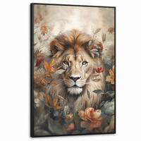 LEINWAND Bilder mit Rahmen - Löwe - Wildtiere - Pflanzen - Natur - Blumen - 80x120 - Beige, Textil (80/120cm) - MuchoWow