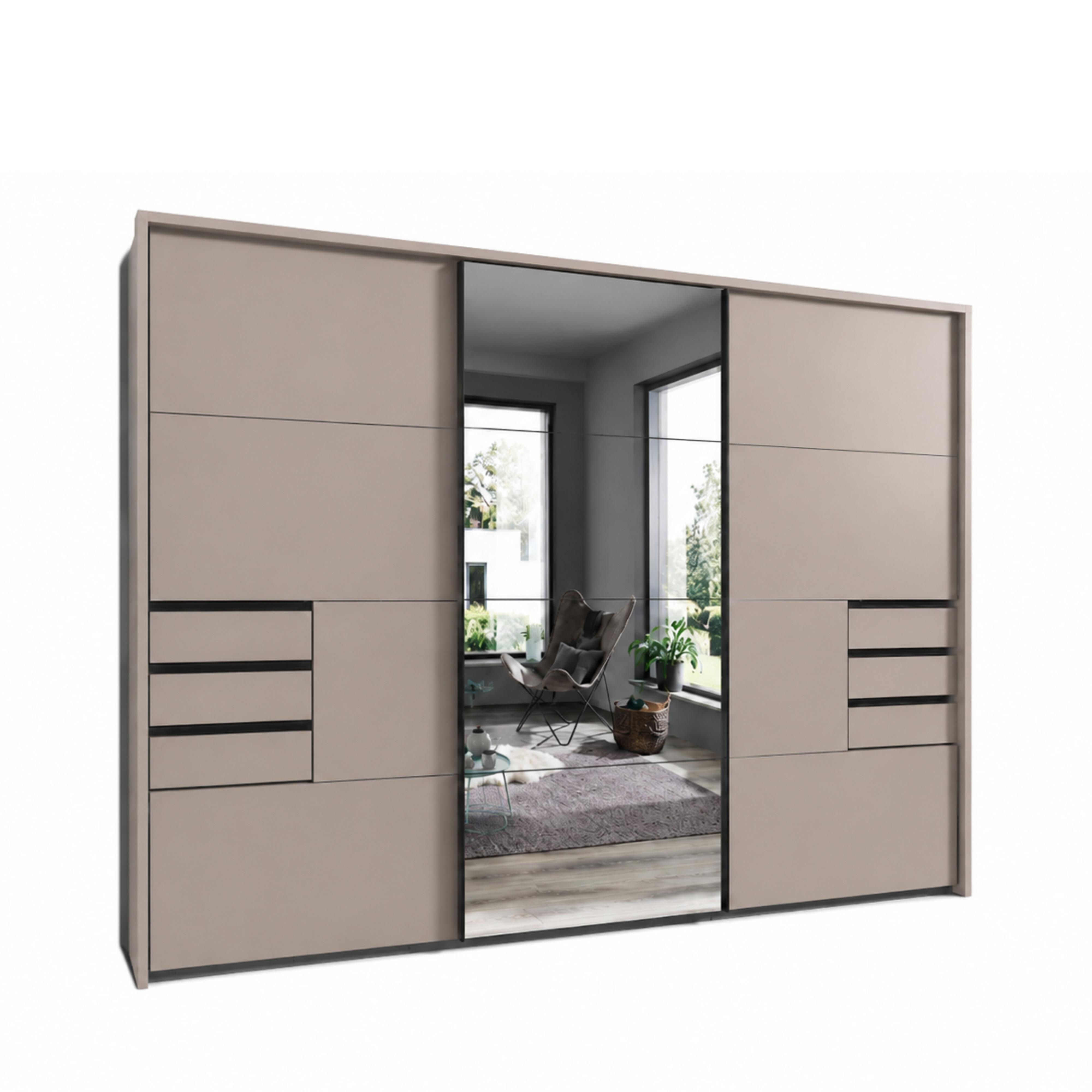 SCHWEBETÜRENSCHRANK 3-türig B273/H213/T64 cm, Sandgrau/Spiegel, Passepartout-Kleiderschrank mit Schubladen & Vollausstattung / 22621 - Sandfarben/Ecru, Holzwerkstoff/Metall (273/213/64cm) - luma-home