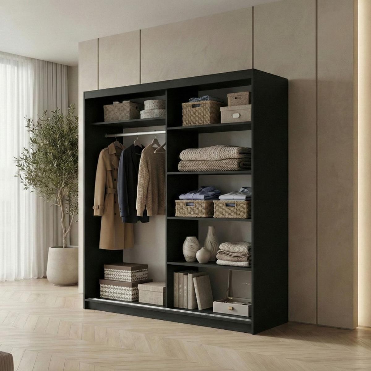 SCHWEBETÜRENSCHRANK Hela mit 2 Türen. 180 cm, Schwarz - Schwarz, Holzwerkstoff (180/205/60cm) - Beautysofa