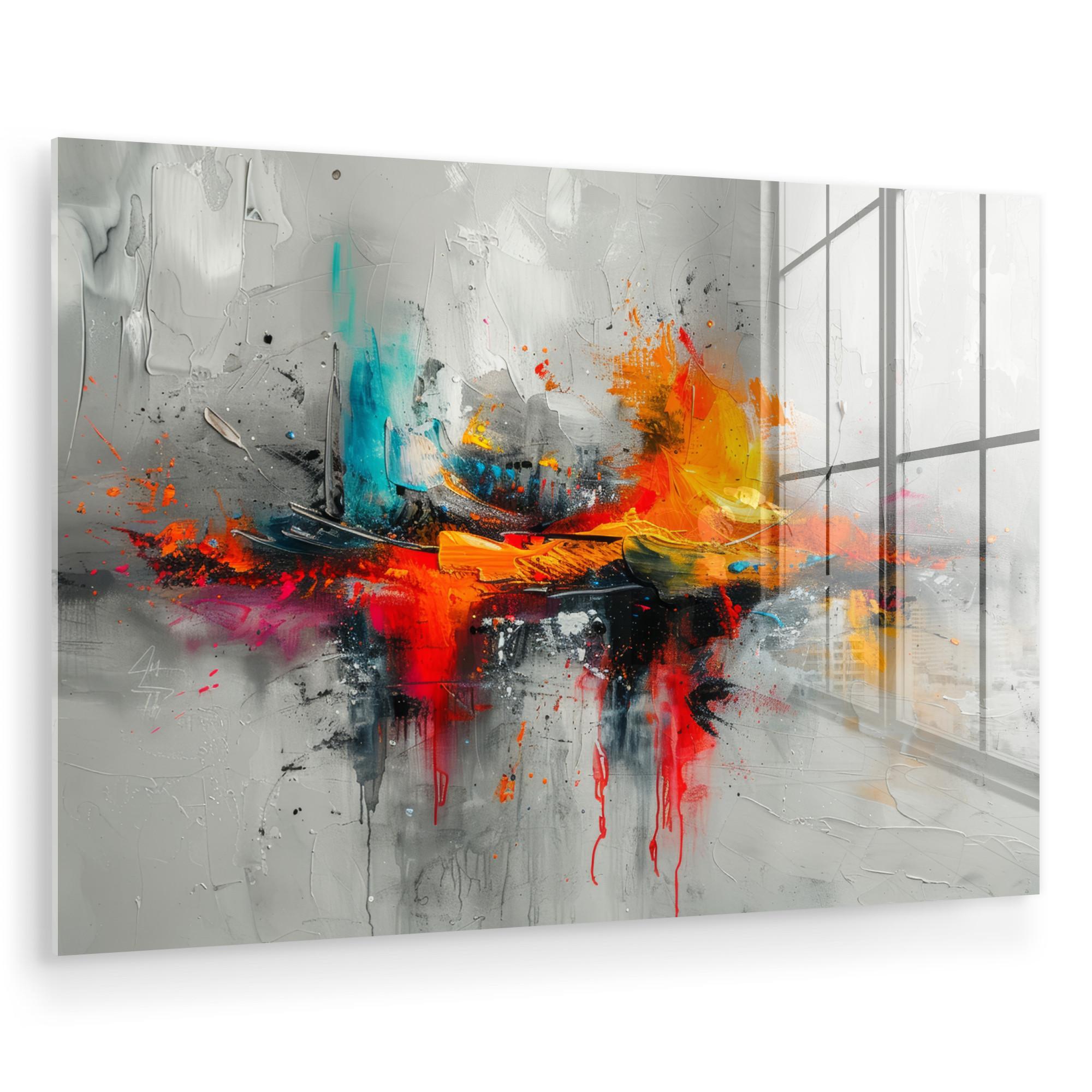 ACRYLGLASBILD Moderne Kunst - Orange - Grau - Abstrakt Wandbild Schlafzimmer 120x80 cm - Hellgrau, Glas (120/80cm) - MuchoWow