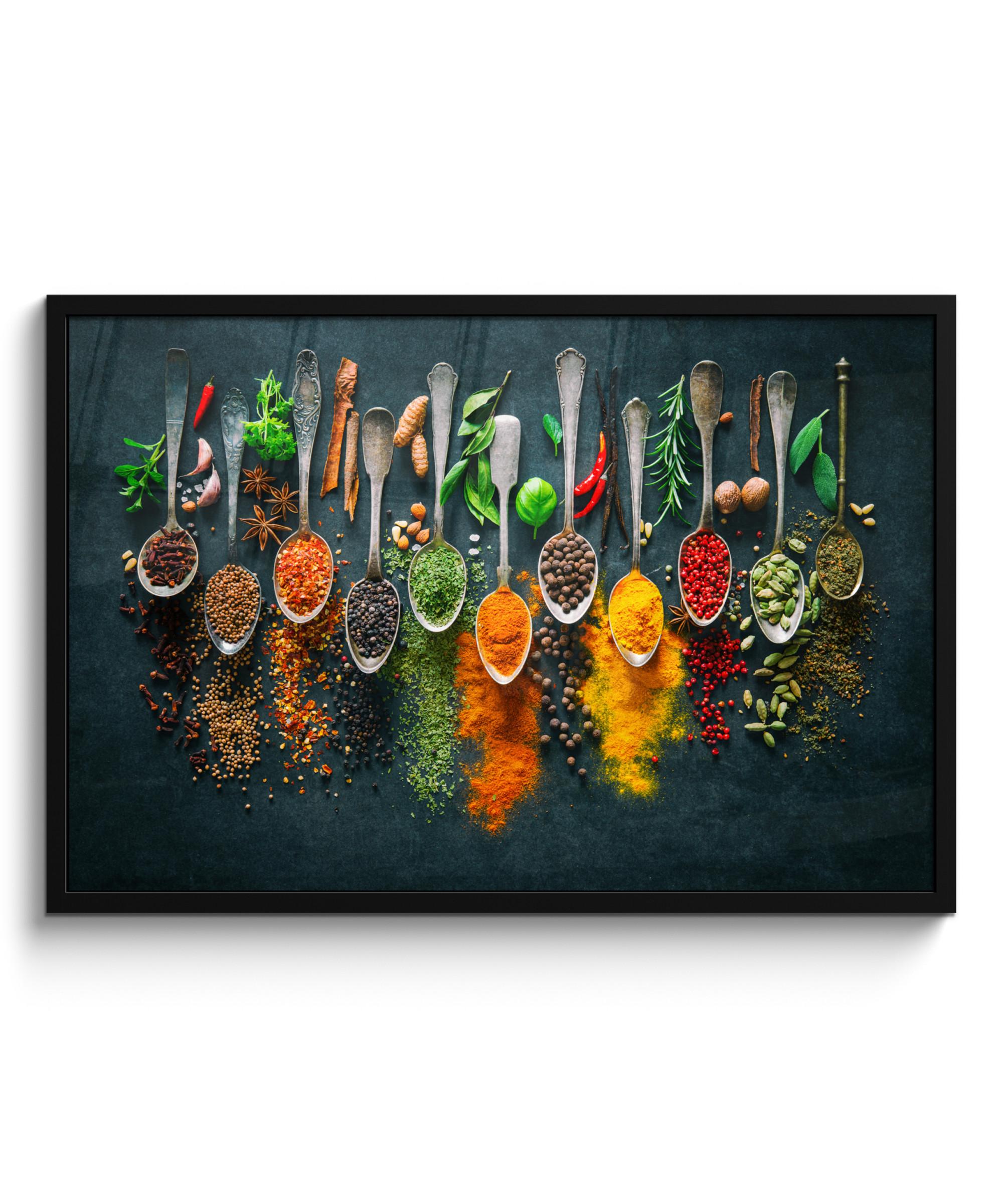 POSTER MIT RAHMENGERAHMTES BILD Kräuter - Gewürze - Löffel 90x60 cm - Currygelb, Papier (90/60cm) - MuchoWow