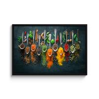 POSTER MIT RAHMENGERAHMTES BILD Kräuter - Gewürze - Löffel 90x60 cm - Currygelb, Papier (90/60cm) - MuchoWow